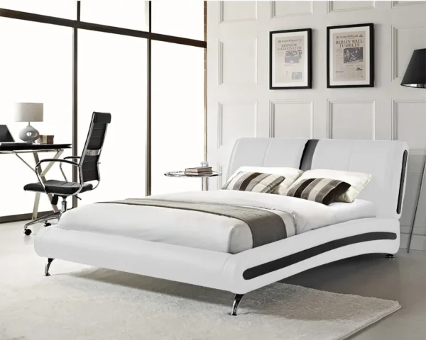 מיטה זוגית דמוי עור צבע לבן ושחור רגליים גבוהות - מילאנו