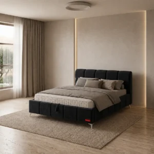 מיטה זוגית מקטיפה עם ארגז מצעים – מרשמלו 140×190 / 160×200 שחור